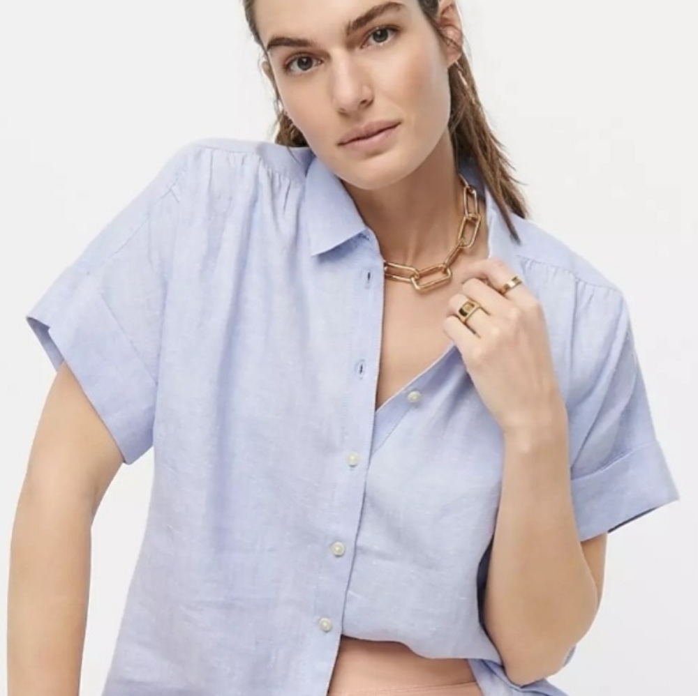 Light Blue Linen Blend Short-Sleeve Button-Up Top